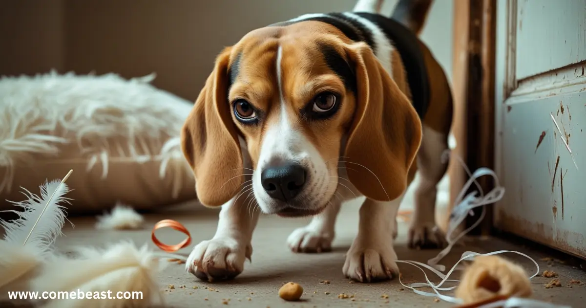Anxious Beagle showing destructive behavior during owner's absence