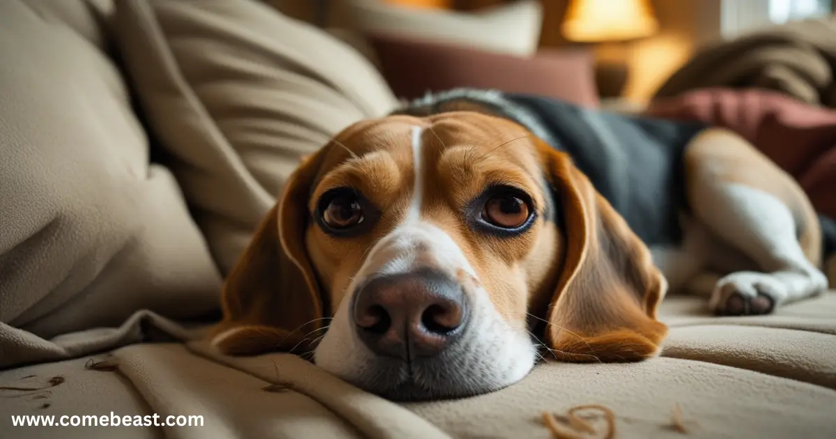 Beagle showing physical signs of separation anxiety, like drooling and fatigue