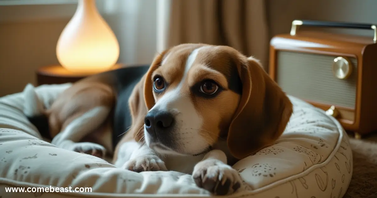 Beagle relaxing in a soothing environment designed to reduce anxiety. 