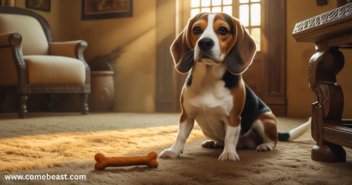 Beagle practicing alone time with the help of treat-based training.