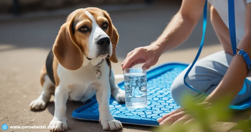 a Beagle pausing near a shaded spot on a hot day, with its owner offering fresh water. Include visible signs like a sunhat, cooling mat, or a leash clipped safely. The image should remind viewers about safety precautions to prevent overheating or injuries during exercise.