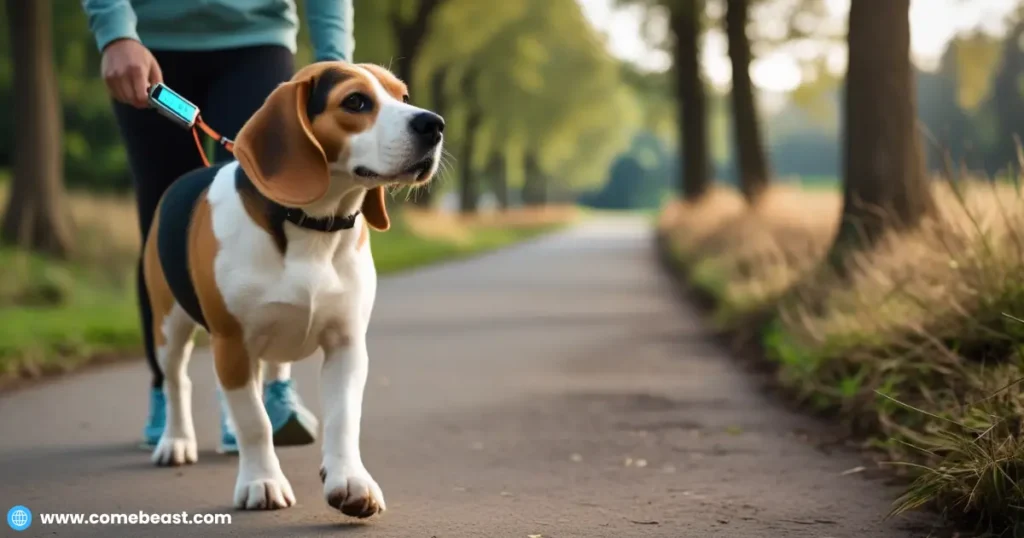 a Beagle on a long daily walk with its owner along a tree-lined path. Include a visible smartwatch or fitness tracker on the owner’s wrist displaying steps or time, symbolizing the recommended daily activity. The Beagle looks alert and engaged, sniffing the air, showing healthy activity levels in natural light.