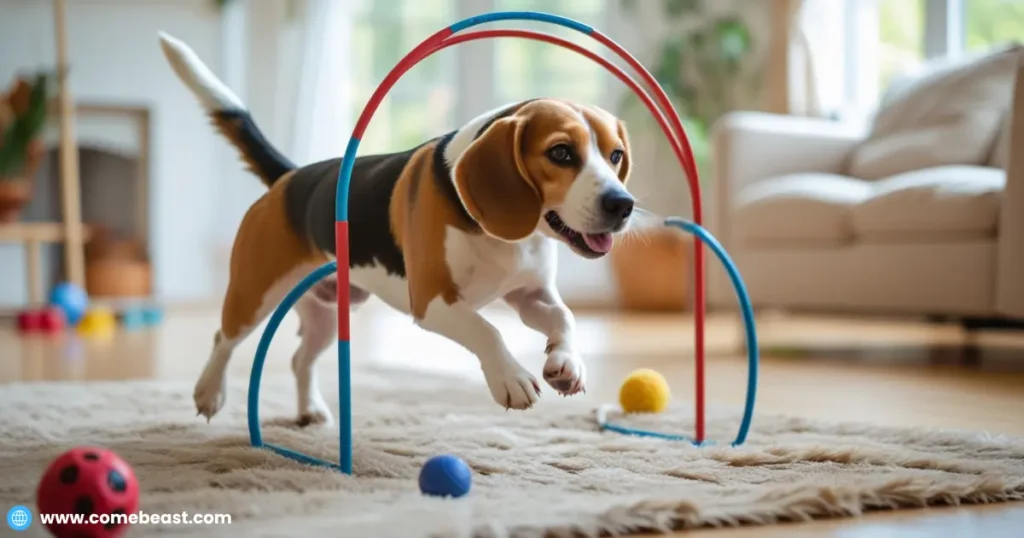  a Beagle jumping through a small agility hoop or chasing a ball inside a bright, spacious living room. Include soft rugs and dog toys scattered around. The scene should feel warm and inviting, showing how indoor play can keep a Beagle active when outside walks are not possible.