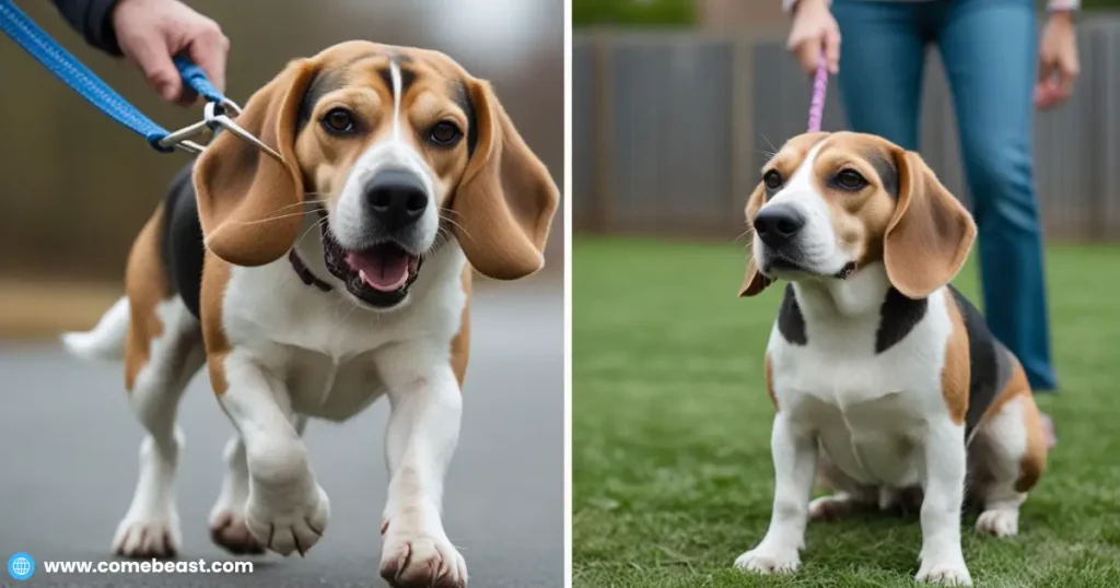 a Beagle pulling hard on an overly tight leash with a frustrated owner, or a dog looking tired and panting heavily after excessive play. Another image could show a Beagle left alone in a fenced yard without interaction. These images illustrate common mistakes like overexertion, lack of proper walking technique, or insufficient mental stimulation.