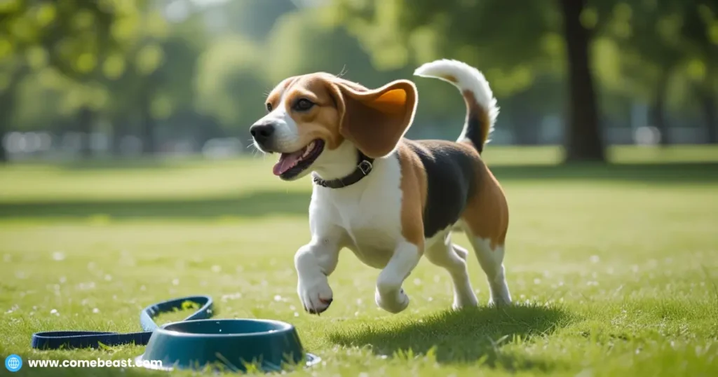 a happy Beagle running freely in a green park with a joyful expression. Capture the dog mid-stride with ears flapping, surrounded by fresh grass and sunshine. Nearby, show a leash and water bowl to suggest a balanced, healthy routine. The image should highlight the energy and vitality that exercise brings to a Beagle’s well-being.